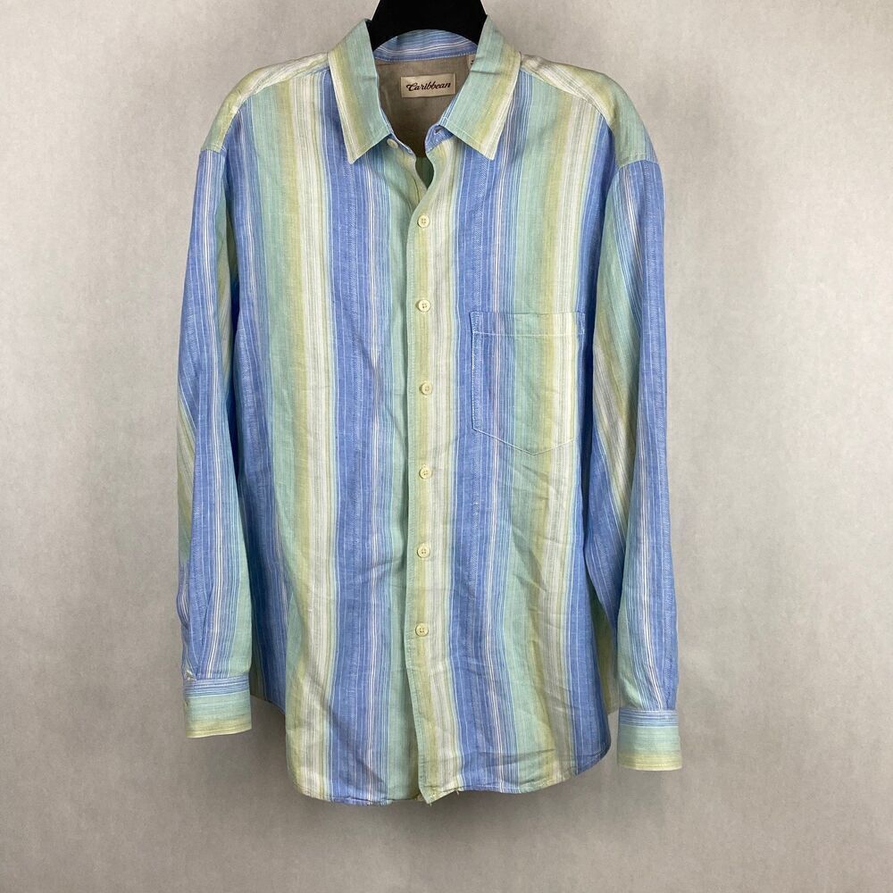 Caribbean Mens Button Down Shirt Size L Linen Cotton Blue Green Cream Stripes Lo